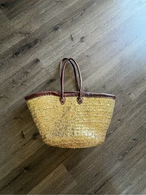 Monserat De Lucca Yellow Straw Tote with Brown Leather Trim